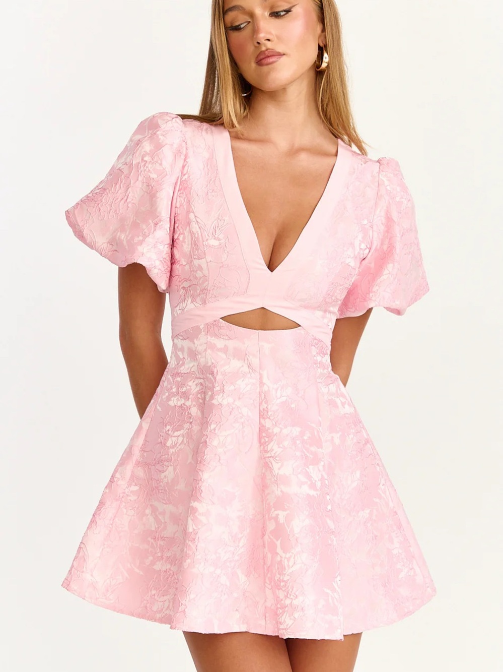 Showpo Blush Jacquard V-Neck Cutout Mini Dress